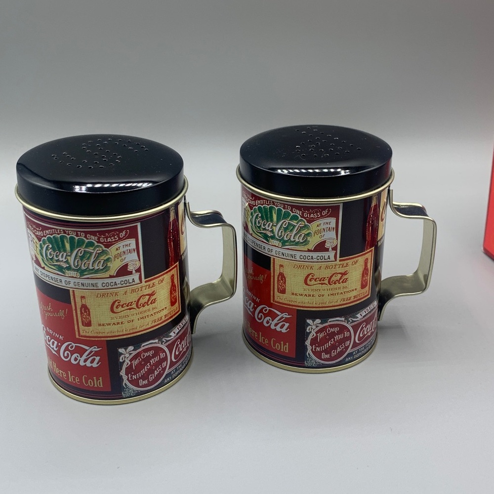 Vintage Coca-Cola Brand Sign Art Salt & Pepper Tins Shakers 2001
